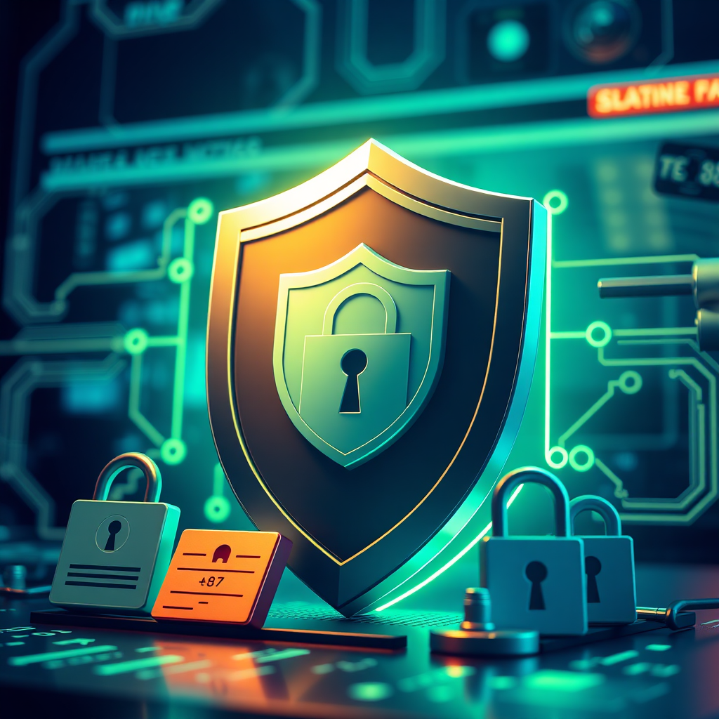 A stylized image representing website security and reliability. The subject is a digital shield protecting a website from cyber threats, with various security protocols in place. The lighting is dramatic, highlighting the strength and resilience of the security system. The color palette consists of blues and greens to represent trust, security, and protection. The camera angle is a close-up shot focusing on the shield and the security protocols. Texture details should emphasize the strength and impenetrability of the shield. Relevant props include stylized representations of firewalls, encryption algorithms, and security certificates. Style reference: Cyberpunk aesthetics with a focus on security and technology. Technical specs: High resolution, visually engaging rendering with a focus on clarity and symbolism.
