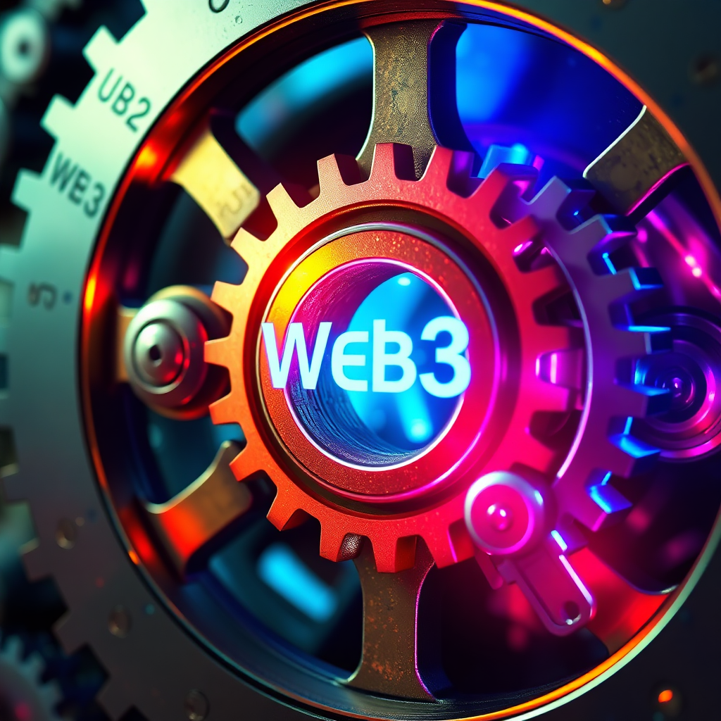 A stylized image representing the integration of Web2 and Web3. The subject is a gear mechanism where traditional gears (representing Web2) interlock seamlessly with futuristic, holographic gears (representing Web3). The lighting is dynamic, highlighting the interplay between the two systems. The color palette is a blend of metallic tones and vibrant, neon colors. The camera angle is a close-up shot focusing on the interlocking gears. Texture details should emphasize the precision and robustness of the mechanism. Relevant props include stylized representations of data flow and cryptographic keys. Style reference: Steampunk aesthetics with a modern twist. Technical specs: High resolution, visually engaging rendering with a focus on detail and symbolism.