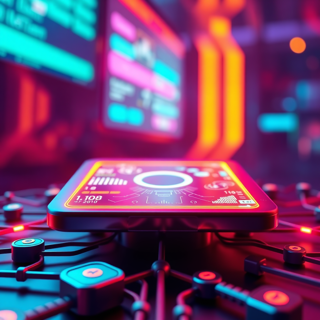 A stylized image representing a decentralized application. The subject is a user interface connected to a decentralized network, showcasing the power and flexibility of dApps. The lighting is vibrant, highlighting the interactivity and user-friendliness of the application. The color palette is a blend of bright, neon colors to represent innovation and technology. The camera angle is a medium shot showcasing the user interface and the underlying network. Texture details should emphasize the responsiveness and accessibility of the application. Relevant props include stylized representations of data packets and cryptographic keys. Style reference: Modern UI/UX design with a focus on decentralization. Technical specs: High resolution, visually engaging rendering with a focus on clarity and symbolism.